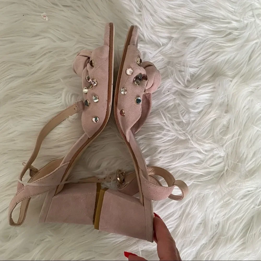 NEW! Kate Spade Emilia pink blush studs suede chunky heels sandals 7.5M